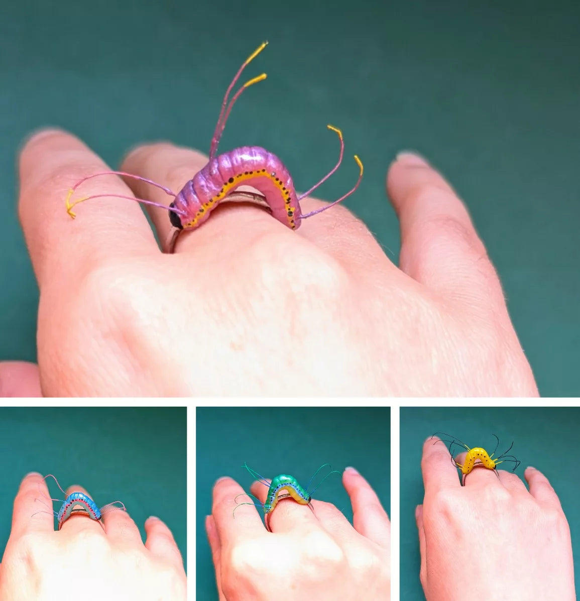 (pièce unique) Bague réglable support acier inoxydable chenille bleue/rose/jaune